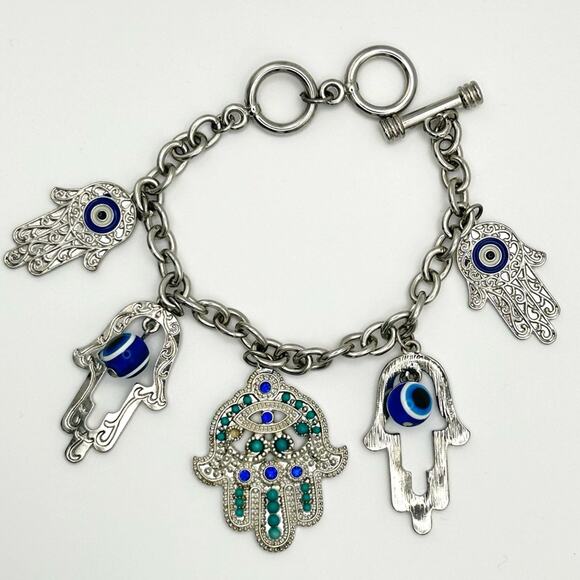 Hamsa Hand Of Fatima Silver Blue Charm Bracelet Evil Eye Protection Silver Tone - Picture 1 of 4